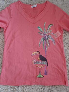 Sun Bay Womens S Tropical Toucan Top Rhinestone V Neck Roll Tab Sleeve NWOT